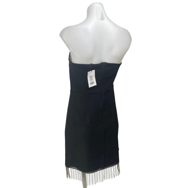 NEW Showpo. Black Shikita Strapless Bandeau Tube Fringe Hem Mini Dress Size 8