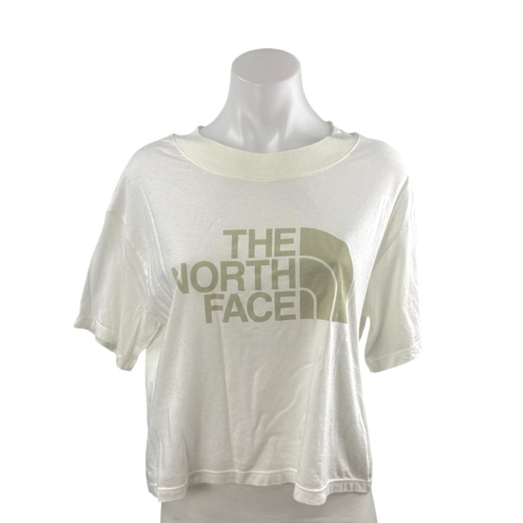 The North Face Women's White Beige Logo Short Sleeve Crop T Shirt Tee Top Size M