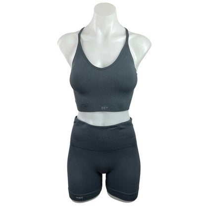 Set Active Blue Gray Ribbed Knit Yoga Sports Bra Biker Shorts Athletic Set Sz S