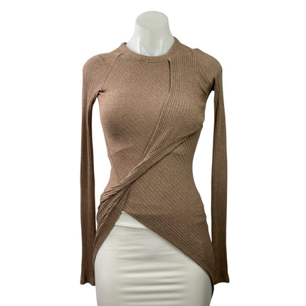 Alix NYC Beige Ribbed Knit Long Sleeve Twist Front Asymmetric Blouse Top Size S