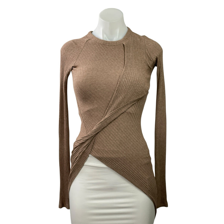 Alix NYC Beige Ribbed Knit Long Sleeve Twist Front Asymmetric Blouse Top Size S