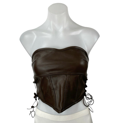 I.AM.GIA Brown Faux Leather Vegan Sweetheart Strapless Side Lace Up Crop Top M