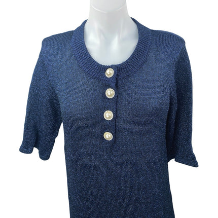 Manoush Blue Metallic Pearl Button Short Sleeve Knit Midi Sweater Shirt Dress L