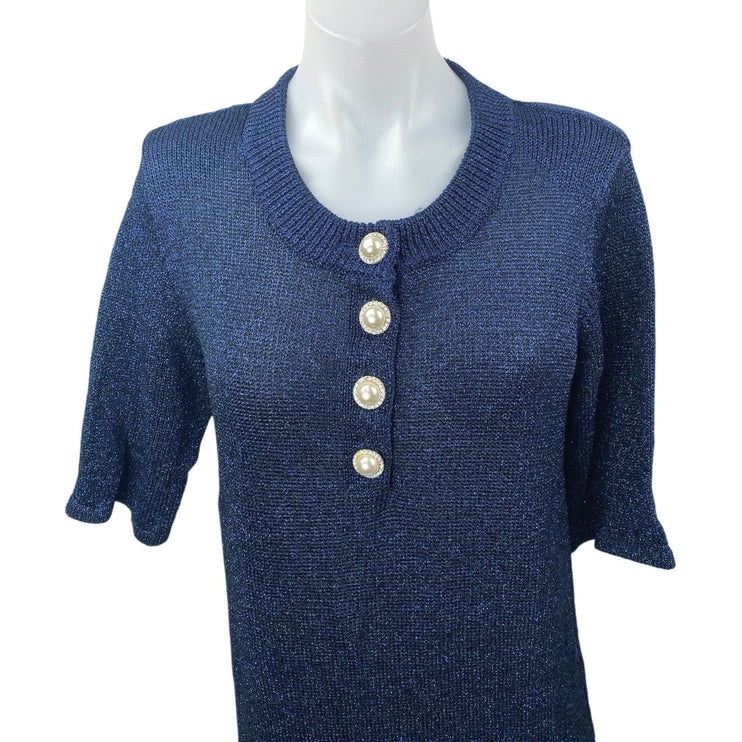 Manoush Blue Metallic Pearl Button Short Sleeve Knit Midi Sweater Shirt Dress L