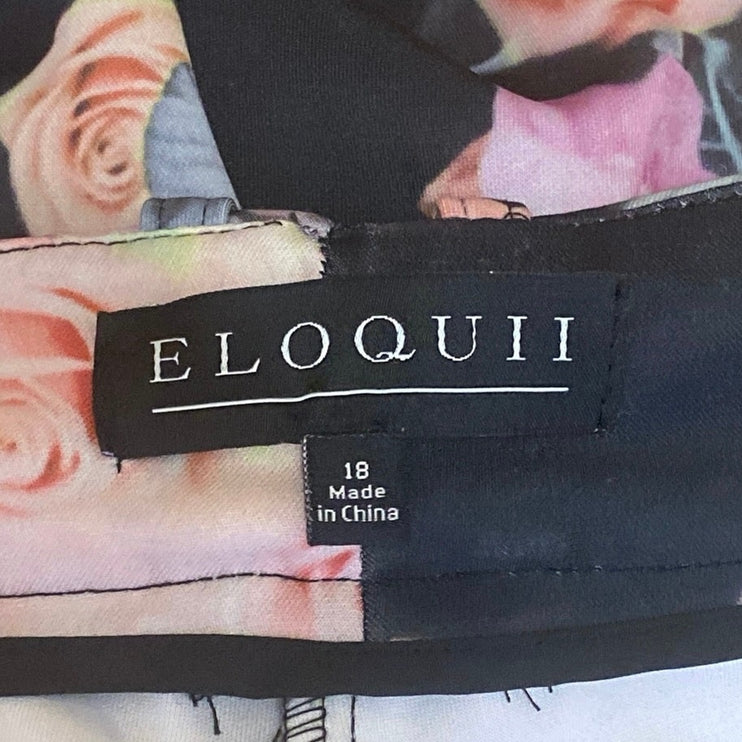 Eloquii Women Black Floral Rose High Rise Straight Casual Trousers Pants Size 18