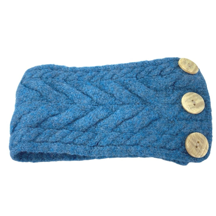 Aran Sweater Market Ireland Blue 100% Wool Cable Knit Button Fluffy Headband