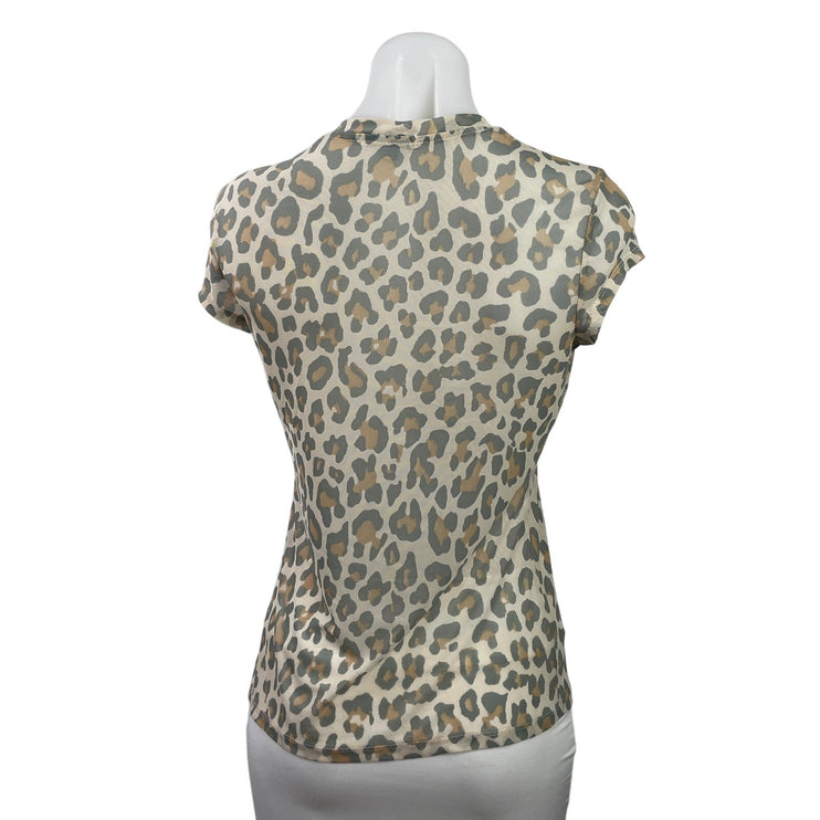 AFRM Women's Beige Leopard Animal Print Short Sleeve Crew Neck T Shirt Tee Top L