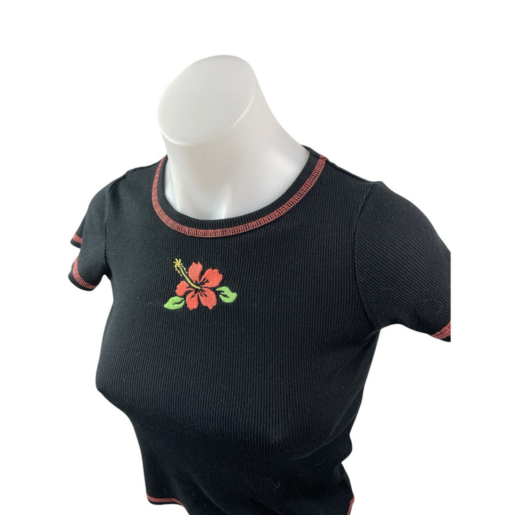 Art Class Hibiscus Embroidery Black Ribbed Crop Crew Neck Baby Tee T-Shirt Top L
