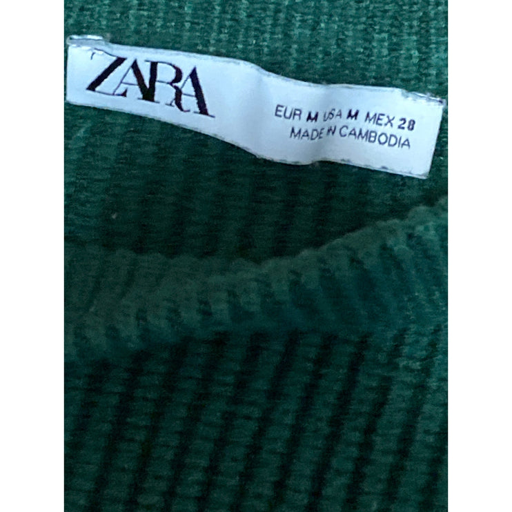 Zara Green Ribbed Crew Neck Shoulder Stripe Long Sleeve Sweatshirt Sweater Top M