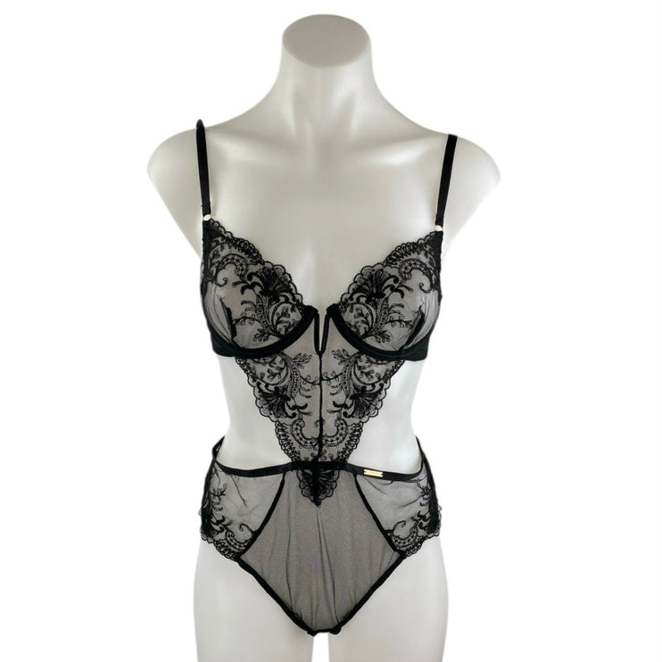 Bluebella Marseille Black Lace Cutout Sheer Underwire Lingerie Bodysuit Size 2