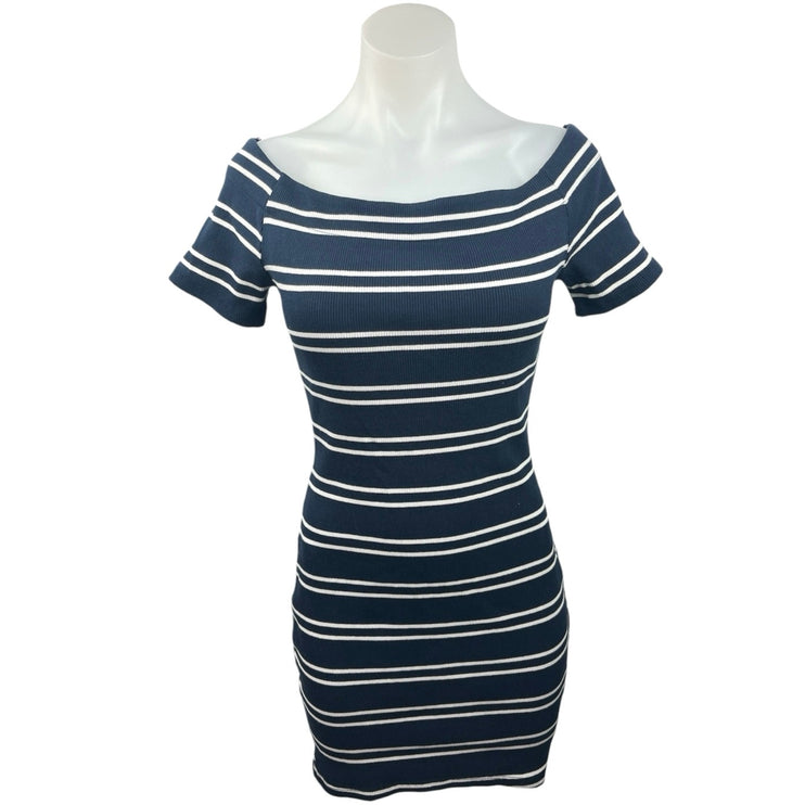 ASTR The Label Women's Blue Striped Boat Neck Short Sleeve Mini Bodycon Dress M