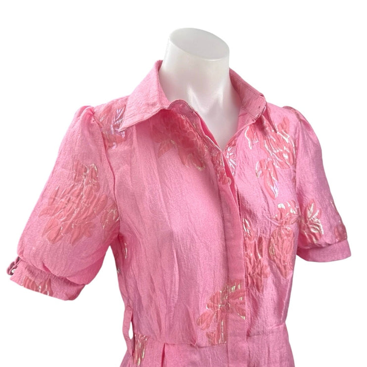 Women's Floral Jacquard Short Sleeve Button Up A Line Maxi Shirt Dress Size S