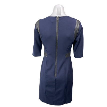 Rebecca Taylor Navy Blue Half Sleeves Faux Leather Lace Shoulder Sheath Dress 4