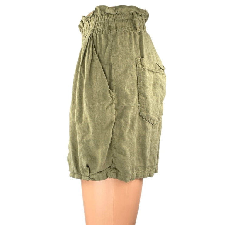 Zara Women's Green Linen Pleated Pockets High Waisted Casual Paperbag Shorts XS