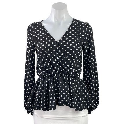 Mi Ami Women's Black White Polka Dots Long Sleeve V Neck Peplum Blouse Top XS