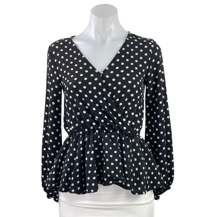 Mi Ami Women's Black White Polka Dots Long Sleeve V Neck Peplum Blouse Top XS