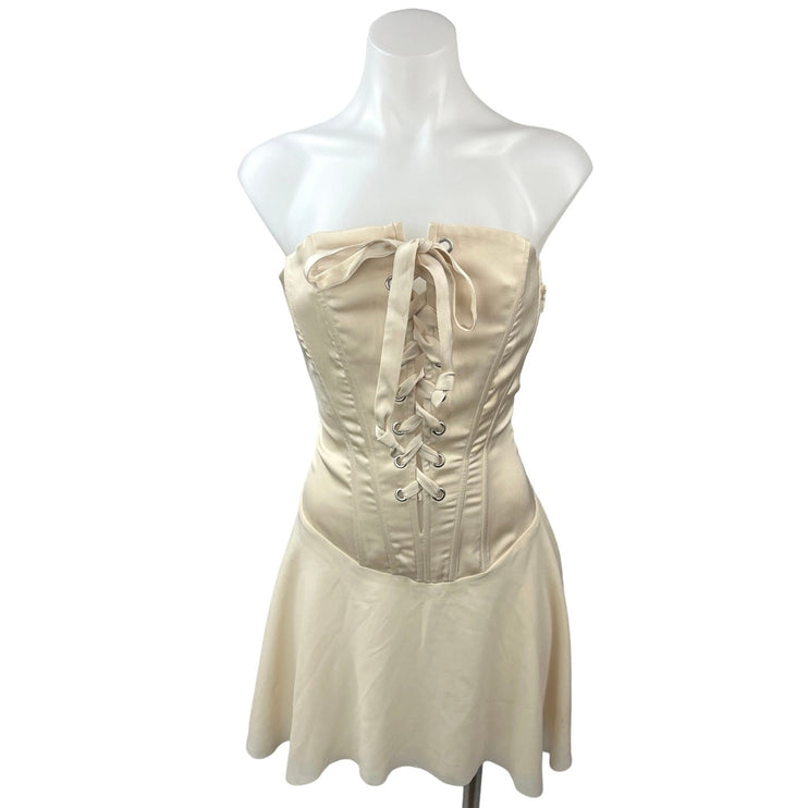 Tic Toc Cream Gold Strapless Lace Up Party Night Club Corset Mini A-line Dress M