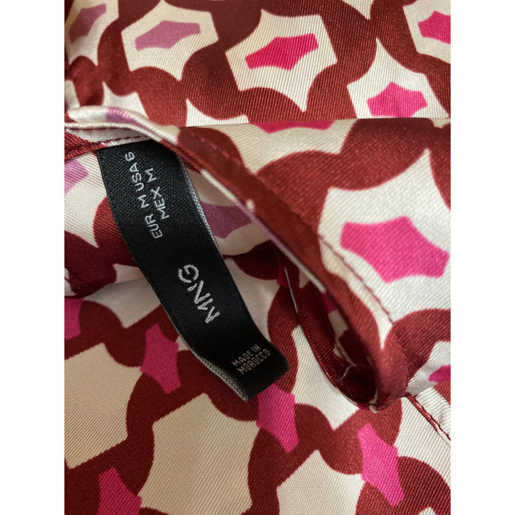 MNG Mango Women's Red Pink Geometric Long Sleeve Crew Neck Blouse Top Size M