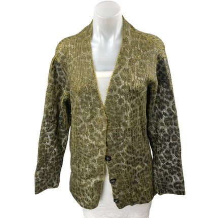 Zara Green Textured Knit Leopard Animal Print Button Long Sleeve Coat Jacket M