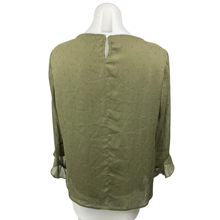 Dorothy Perkins Women's Olive Green Metallic Chiffon Ruffle Blouse Top Size 12