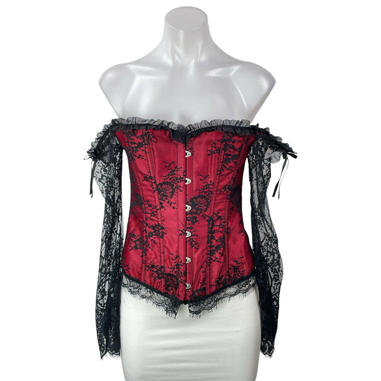 Women's Red Black Long Sleeve Floral Lace Overbust Off The Shoulder Corset Top S
