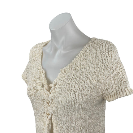 MNG Mango Bow Closure Cream Open Knit Crochet Cap Sleeve Cardigan Blouse Top M