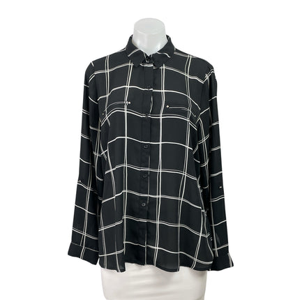 Apt. 9 Women's Black Checkered Plaid Long Sleeve Pockets Button Down Shirt Top L