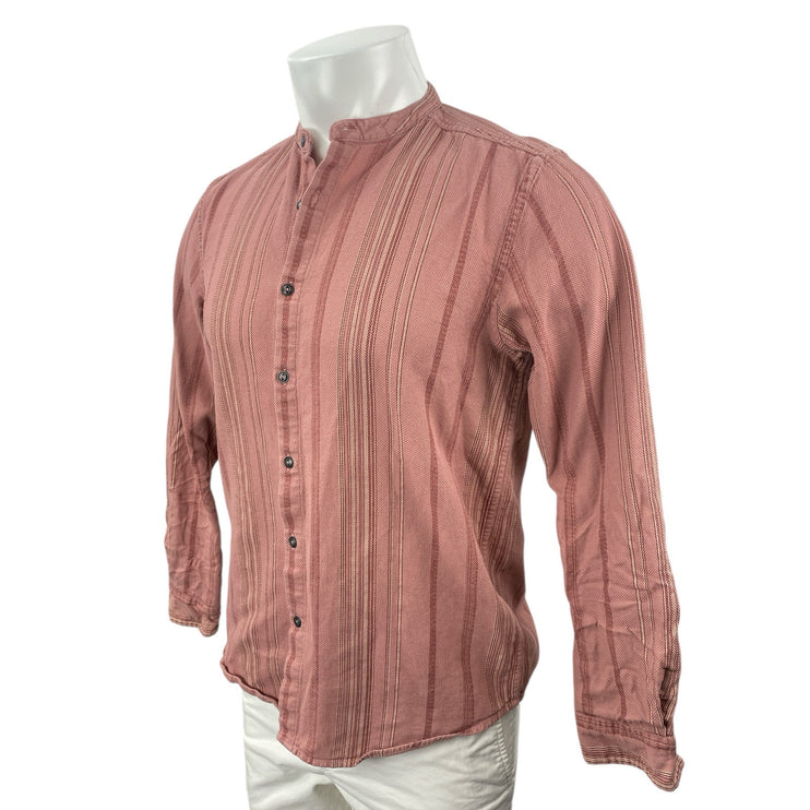 E.T.A Men's Pink Striped Collarless Long Sleeve Button Down Shirt Top Size M