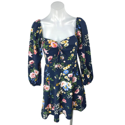 Abercrombie & Fitch Blue Floral Long Puff Sleeve Lace Up A Line Mini Dress Sz S