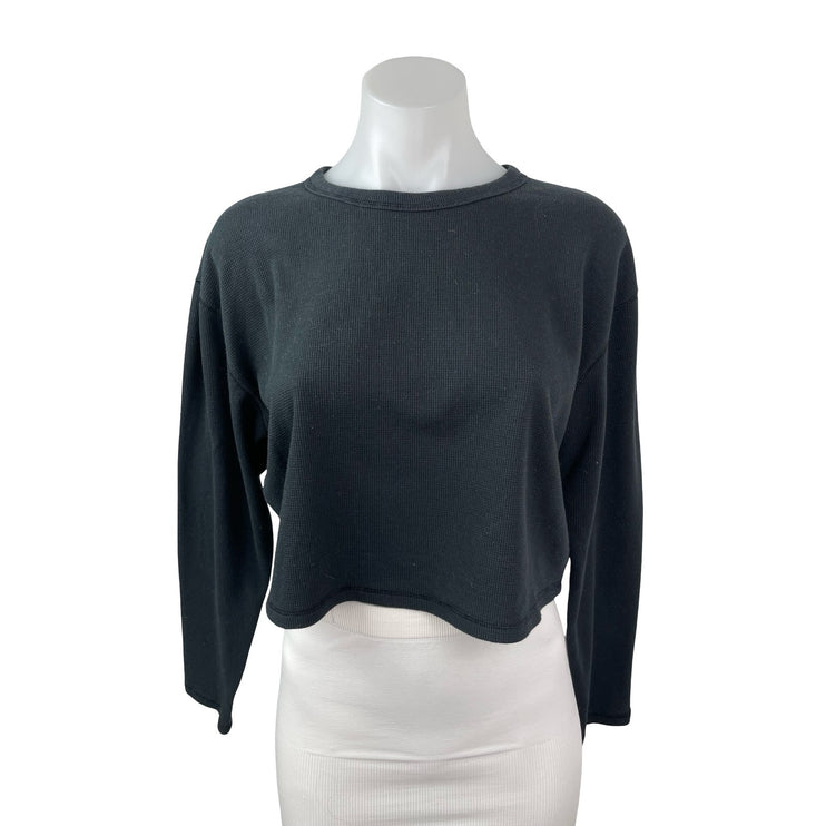 Aritzia Sunday Best Black Waffle Knit Thermal Long Sleeve Crop Sweater Top Sz M