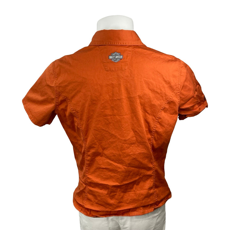 Harley Davidson Orange Embroidered Short Sleeve Button Down Work Shirt Top Sz XL