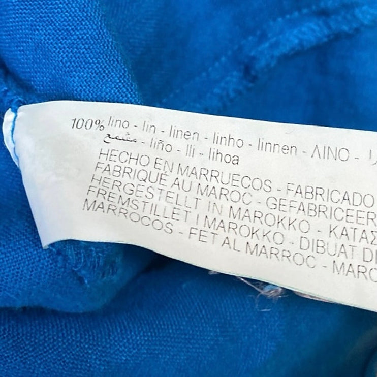 Zara Blue 100% Linen Half Sleeve Pocket V Neck Button Front Shirt Top Size S