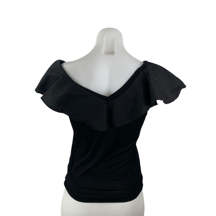 Pookie & Sebastian Womens Black Ruffle Sleeve Faux Wrap V Neck Blouse Top Size S