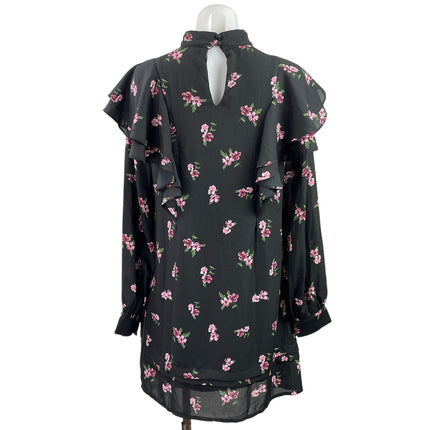 Fashion Union Black Floral Ruffle Long Sleeve Mockneck Mini Tunic Shift Dress 6