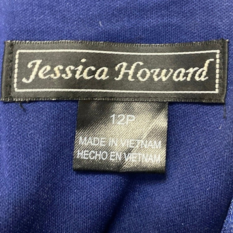 Jessica Howard Blue Taffeta Flower Pleated 3/4 Sleeve Belt Midi A-Line Dress 12P