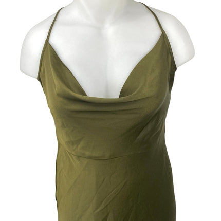 Taylor Olive Green Silky Satin Sleeveless Cami Cowl Neck Tank Slip Dress Size 16
