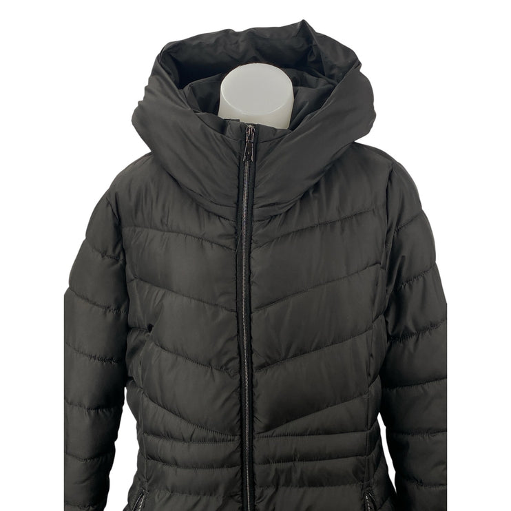 Tahari Womens Black Quilted Long Sleeve Hooded Fitted Puffer Parka Coat Jacket L