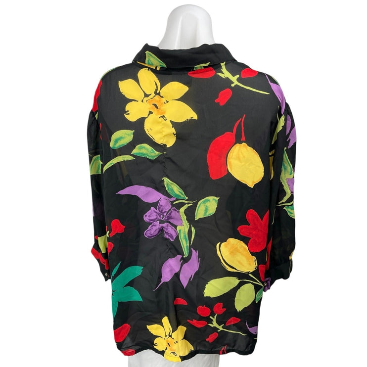 Chris B Black Multicolor Floral Retro Long Sleeve Button Down Shirt Top Size L