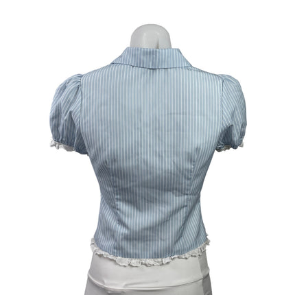 Peppermayo Blue Stripe Short Puff Sleeve Ruffle Crop Button Up Shirt Top Size XS