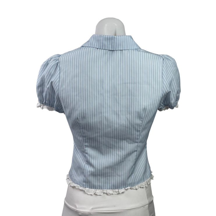 Peppermayo Blue Stripe Short Puff Sleeve Ruffle Crop Button Up Shirt Top Size XS