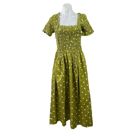 NEW Damson Madder Raphaela Green Polka Dots Smocked Shirred Maxi A-Line Dress 8