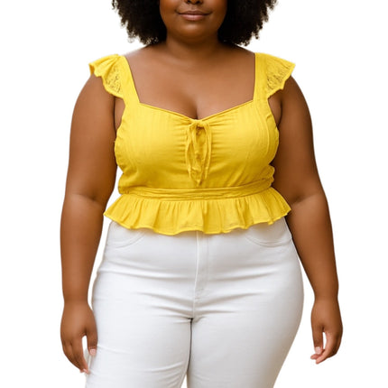 Aeropostale Women's Yellow Sleeveless Ruffle Lace Up Peplum Tank Crop Top Sz XL