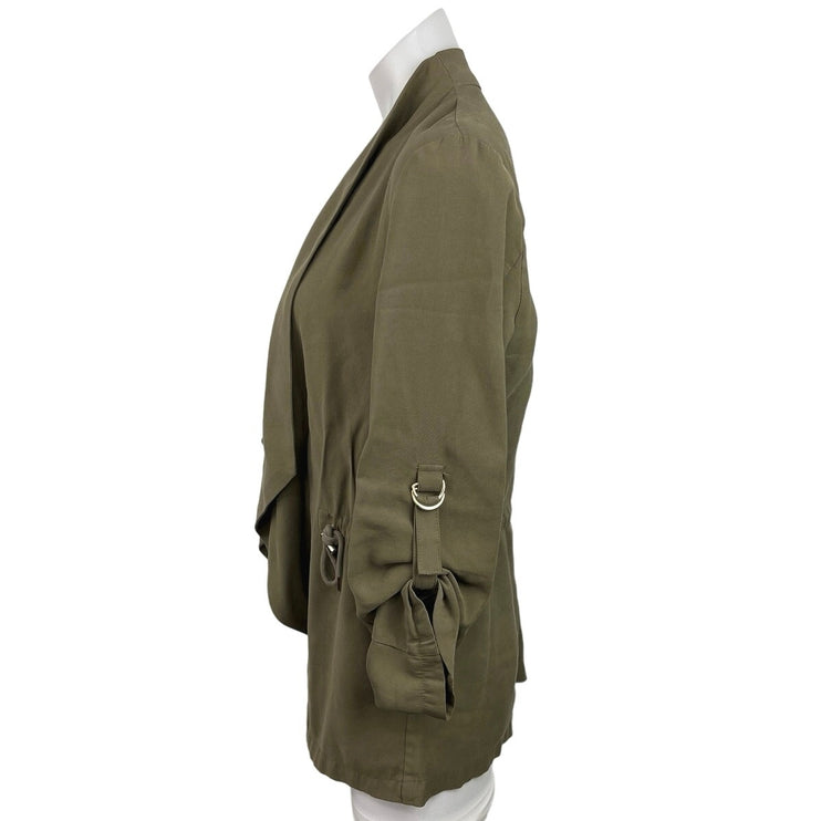 Zara Olive Green Open Front Drape Utility Drawstring Waist Cardigan Jacket Sz M