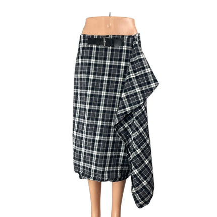 Zara Women's Black Plaid Asymmetrical Wrap Belt Midi Flare A-Line Skirt Size M