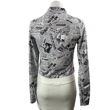 Topshop Womens Black White Newspaper Graphic Mock Neck Long Sleeve Blouse Top 8