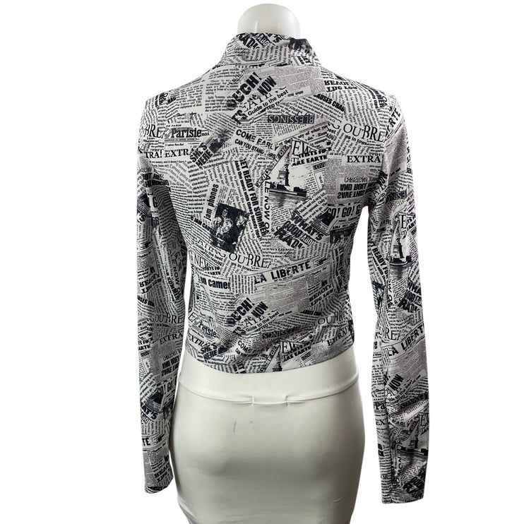 Topshop Womens Black White Newspaper Graphic Mock Neck Long Sleeve Blouse Top 8
