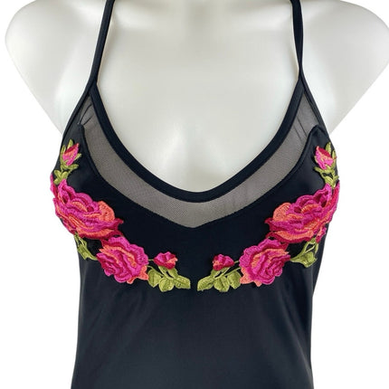 Xhilaration Black Floral Embroidered Mesh Strappy One Piece Swimsuit Swimwear M