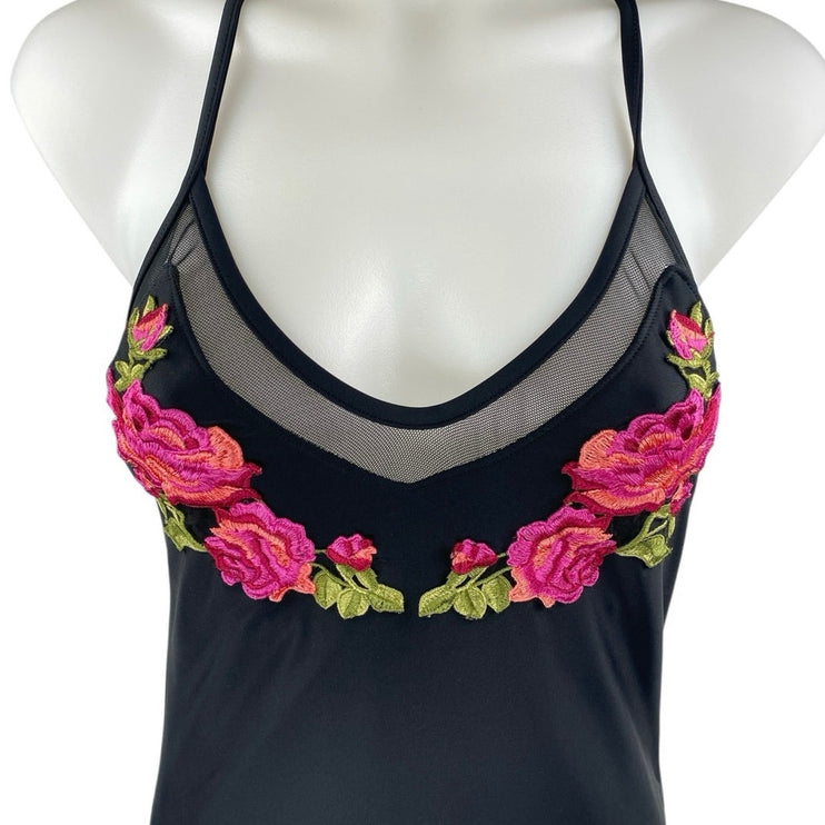 Xhilaration Black Floral Embroidered Mesh Strappy One Piece Swimsuit Swimwear M