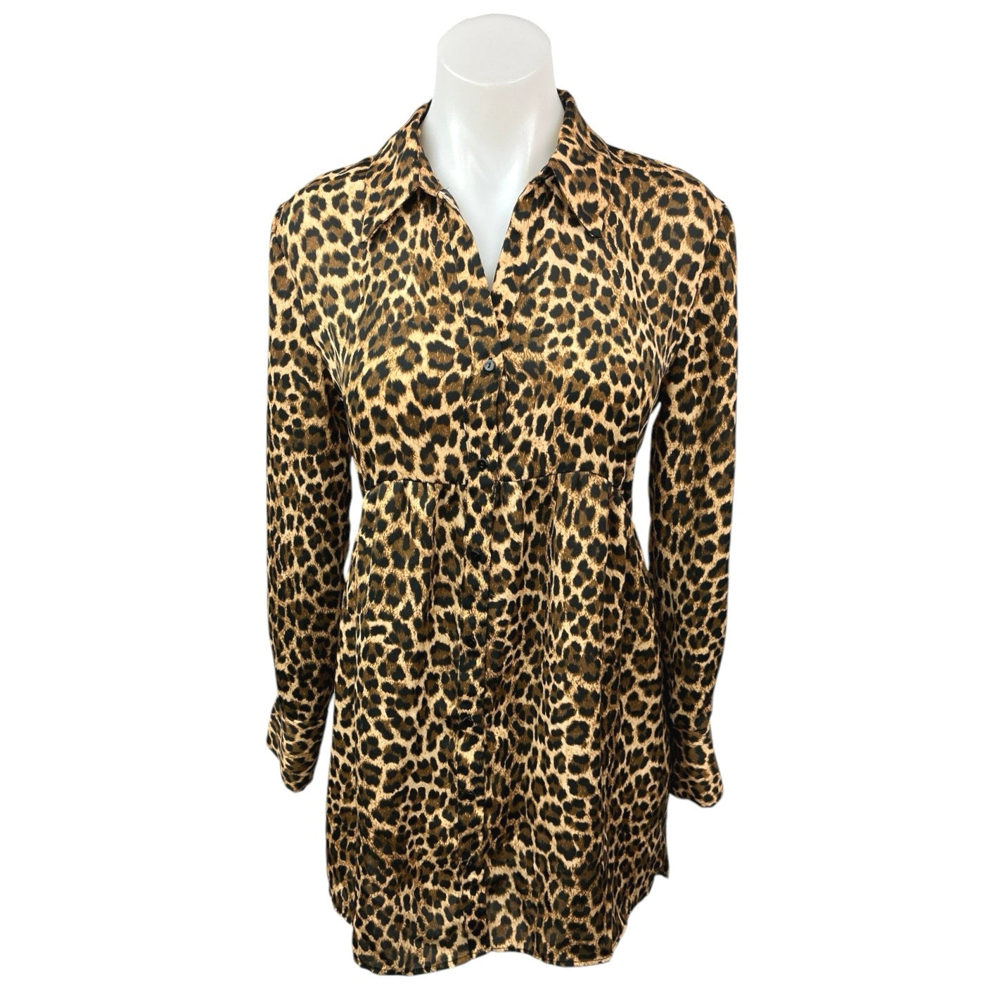 Zara Beige Black Leopard Print Collared Long Sleeve A Line Mini Dress Brie Zara Beige Black Leopard Print Collared Long Sleeve A Line Mini Dress Brie