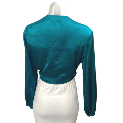 Odette Women's Green Silky Satin Tie Front Long Sleeve Crop Blouse Shirt Top S